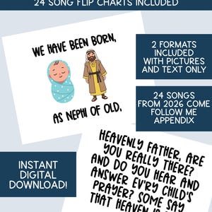 May include: A bundle of 2026 Primary Flip Charts with 24 songs included. The image features illustrations and text from the songs, including images of a baby and a man. The bundle includes two formats and is available for instant digital download.