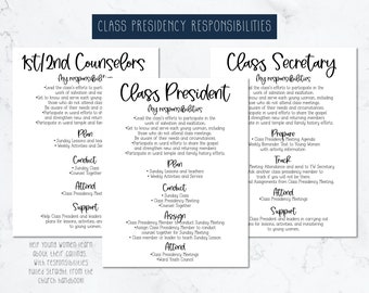 Class Presidency Responsibilities Sheets for Class President, 1st and 2nd Counselors, and Secretary. Bullet point responsibility list