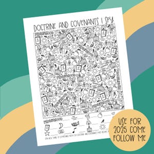 以下が含まれることがあります： 白黒の「Doctrine and Covenants I Spy」アクティビティシート。シートには、人、建物、シンボルなど、さまざまなイラストが描かれています。「Priesthood」という言葉がデザイン全体に繰り返されています。「Use for 2025 Come Follow Me」というテキストが入った黄色の円が隅にあります。