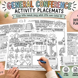 Könnte beinhalten: Vier schwarz-weiße Aktivitäts-Platzsets für Kinder mit dem Text General Conference, Listen, Learn, Feel, Follow. Die Blätter enthalten Spiele wie Tic-Tac-Toe, Labyrinthe und Ausmalbereiche mit Illustrationen von Tempeln, Herzen und religiösen Figuren.