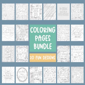 Könnte beinhalten: Ein Bundle mit 20 Ausmalbildern in Schwarz-Weiß mit verschiedenen Designs und inspirierenden Zitaten. Das Bundle enthält den Text "COLORING PAGES BUNDLE" und "20 FUN DESIGNS". Die Seiten sind zum Ausmalen bereit.