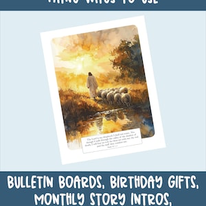 Puede incluir: Una impresi&oacute;n en acuarela que representa a un pastor guiando ovejas a trav&eacute;s de un arroyo, con un c&aacute;lido atardecer de fondo. El texto en la parte superior dice "MANY WAYS TO USE". El texto inferior dice "BULLETIN BOARDS, BIRTHDAY GIFTS, MONTHLY STORY INTROS, PRINTABLE WALL ART FOR HOME."