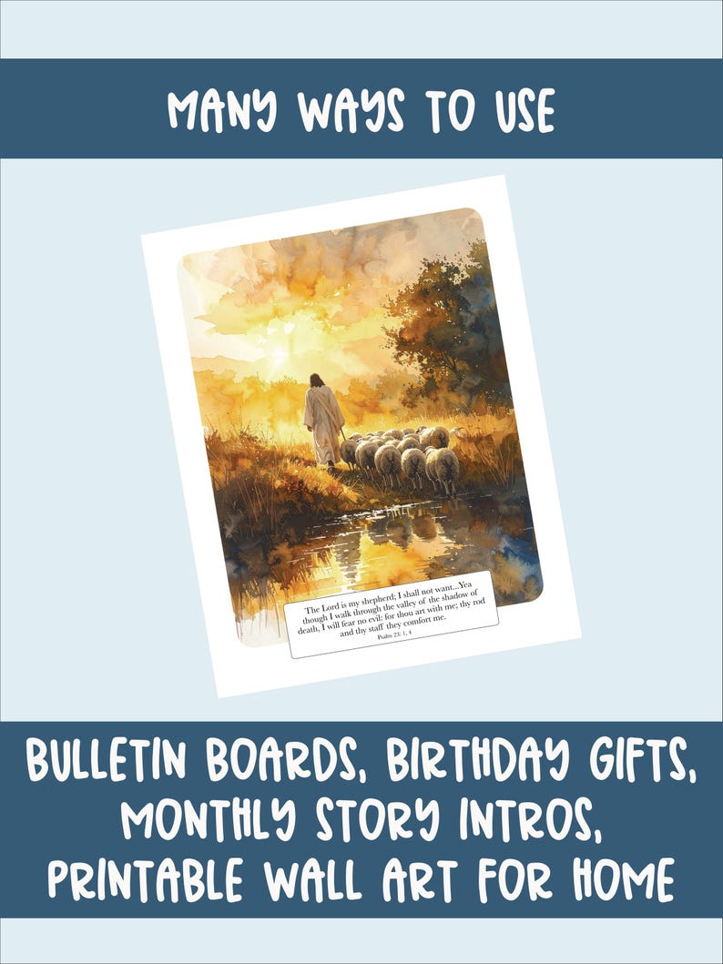 Puede incluir: Una impresi&oacute;n en acuarela que representa a un pastor guiando ovejas a trav&eacute;s de un arroyo, con un c&aacute;lido atardecer de fondo. El texto en la parte superior dice "MANY WAYS TO USE". El texto inferior dice "BULLETIN BOARDS, BIRTHDAY GIFTS, MONTHLY STORY INTROS, PRINTABLE WALL ART FOR HOME."