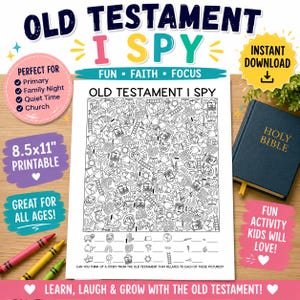 以下が含まれることがあります： 白黒イラストの、21.6 x 27.9 cm の印刷可能な「旧約聖書 I SPY」アクティビティシート。シートには「Fun, Faith, Focus」と「Learn, Laugh & Grow with the Old Testament!」の文字が含まれています。青い聖書とクレヨンも表示されています。