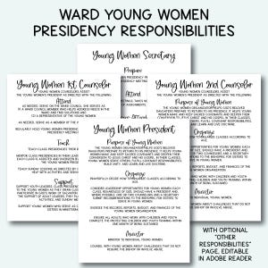 Op de afbeelding: Een set afdrukbare documenten met de titel "Ward Young Women Presidency Responsibilities". De pagina's bevatten rollen voor Young Women Secretary, 1st Counselor, 2nd Counselor en President. De documenten zijn bewerkbaar in Adobe Reader.