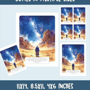 Puede incluir: L&aacute;mina art&iacute;stica con una ilustraci&oacute;n en acuarela de una figura con t&uacute;nica en un paisaje des&eacute;rtico bajo un cielo estrellado. El texto "COMES IN MULTIPLE SIZES" est&aacute; en la parte superior. Tama&ntilde;os: 28x35 cm, 21,6x28 cm y 10x15 cm.