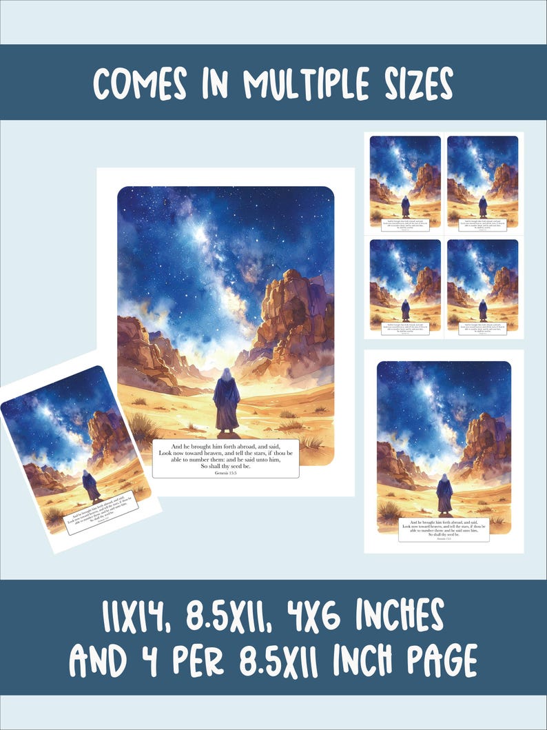 Puede incluir: L&aacute;mina art&iacute;stica con una ilustraci&oacute;n en acuarela de una figura con t&uacute;nica en un paisaje des&eacute;rtico bajo un cielo estrellado. El texto "COMES IN MULTIPLE SIZES" est&aacute; en la parte superior. Tama&ntilde;os: 28x35 cm, 21,6x28 cm y 10x15 cm.
