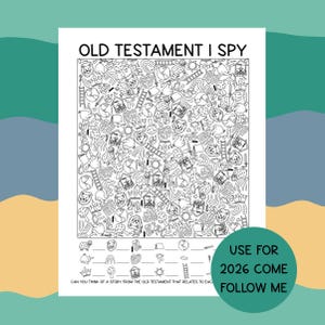 以下が含まれることがあります： 白黒の「旧約聖書 I SPY」アクティビティシート。シートには、さまざまな聖書をテーマにしたオブジェクトとキャラクターが描かれた詳細なイラストが掲載されています。「旧約聖書 I SPY」と「それぞれに関連する旧約聖書の物語を考えられますか？」というテキストが含まれています。