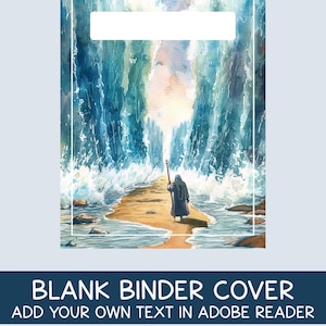 Op de afbeelding: Een blanco ordneromslag met een aquarel illustratie van een figuur die door gescheiden wateren loopt. De afbeelding heeft een blauw en wit kleurenschema met een witte rechthoekige ruimte bovenaan. Tekst onderaan luidt: BLANK BINDER COVER ADD YOUR OWN TEXT IN ADOBE READER.