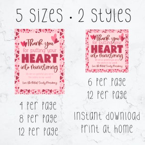 May include: Pink and red printable signs with the text "Thank you for putting your HEART into ministering." The signs are decorated with heart shapes and are available in 5 sizes and 2 styles. The text "Instant download print at home" is also included.