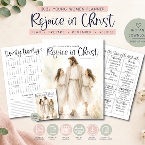 May include: A 2027 planner titled Rejoice in Christ featuring a watercolor illustration of a figure in robes walking with two individuals. The set includes a calendar page, a monthly schedule, and an alternate cover design with text.