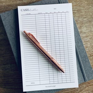 Könnte beinhalten: Ein weißes Budgetblatt "CASH Breakdown" mit einem roségoldenen Stift auf einem grauen Notizbuch. Das Blatt hat Spalten für Kategorie, Betrag und Stückelungen. Der Text "the simple budget" steht unten.
