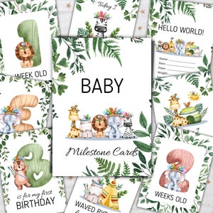 Digitale Baby Meilenstein Karten, Safari Tiere, 33er Set, druckbare Baby Meilensteine, Neugeborene Baby Foto, Meilenstein Karten Set, Instant Downland