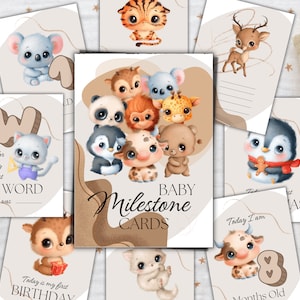 Cute Animals Baby Milestone Cards, Printable 33 Milestone Cards, Newborn Baby Photo, Unisex Baby Keepsake Card, Unique Baby Gift, Photo Prop