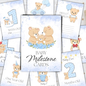 Cartes d’ours en peluche Baby Milestone, ours bébé garçon, cartes d’étape imprimables pour bébé, photo de bébé nouveau-né, jeu de cartes Milestone 33, Instant Downland