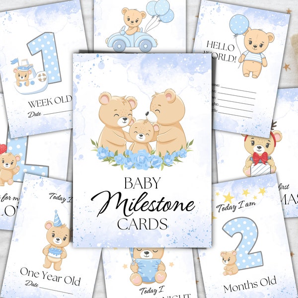 Baby Milestone Teddy Bear Cards, Baby Boy Bear, Printable Baby Milestone Cards, Newborn Baby Photo, Milestone 33 Card Set, Instant Downland