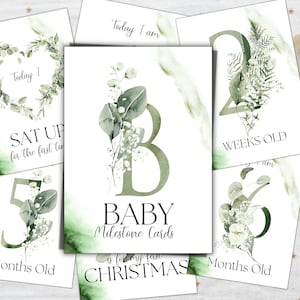 Cartes d'étape de bébé de verdure d'aquarelle, ensemble de 33 compositions vertes, étapes imprimables de bébé, photo de nouveau-né de bébé, ensemble de carte d'étape