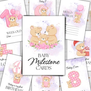 Cartes d’ours en peluche Baby Milestone, Ours pour bébé fille, Cartes d’étape pour bébé imprimables, Photo de bébé nouveau-né, Jeu de cartes Milestone 33, Instant Downland