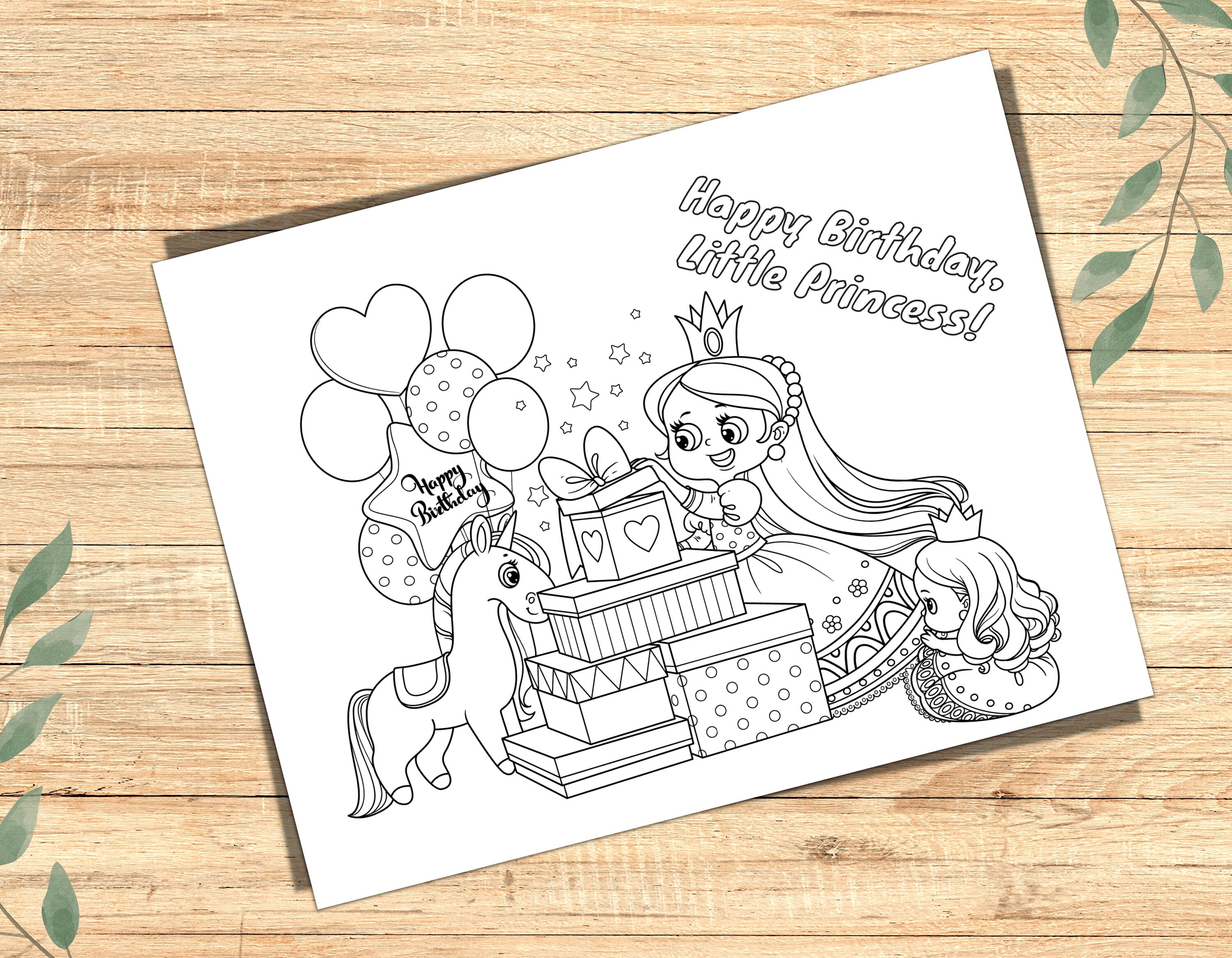 Princess Birthday Coloring Pages, Printable Coloring Book, Kids Relax