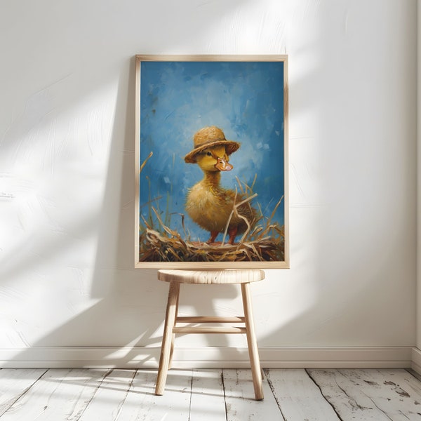 Baby Duck Cute Farmhouse Animal Duckling with Straw Hat Painting Vintage Wall Art Rustic Oil Painting Albrecht Dürer Printable Art