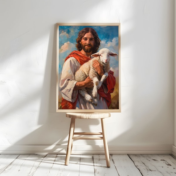 Jesus and Lamb Jesus Save Lost Lamb Christian Bible Art lds Painting Picture of Jesus Running After Lost Lamb