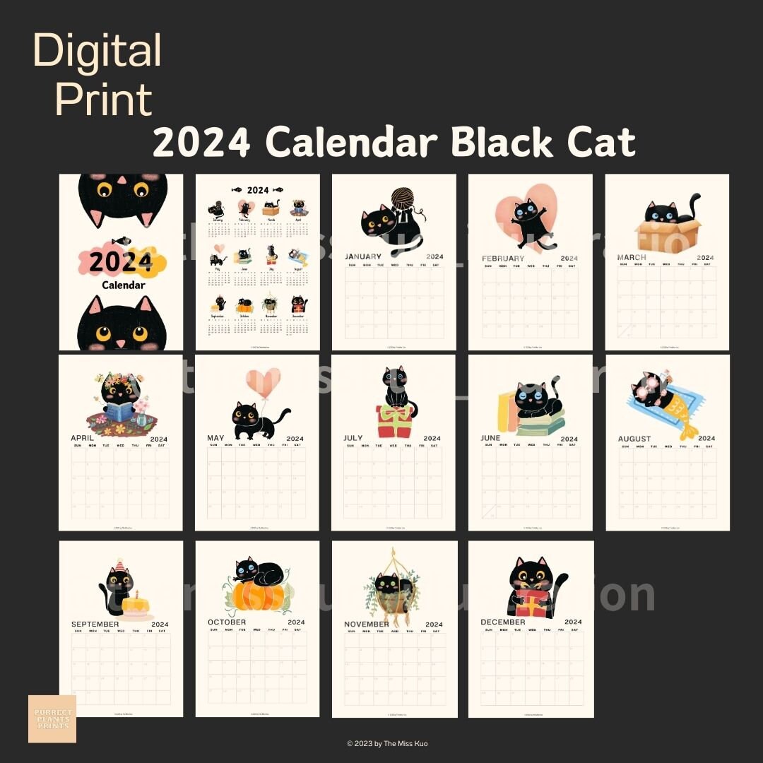 2024 Black Cat Calendar, Cat Printable Monthly Calendar, Printable