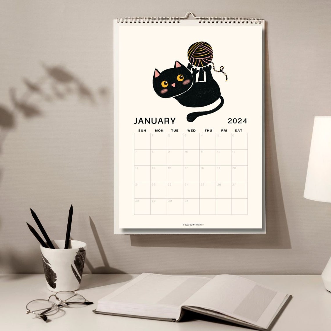 2024 Black Cat Calendar, Cat Printable Monthly Calendar, Printable ...