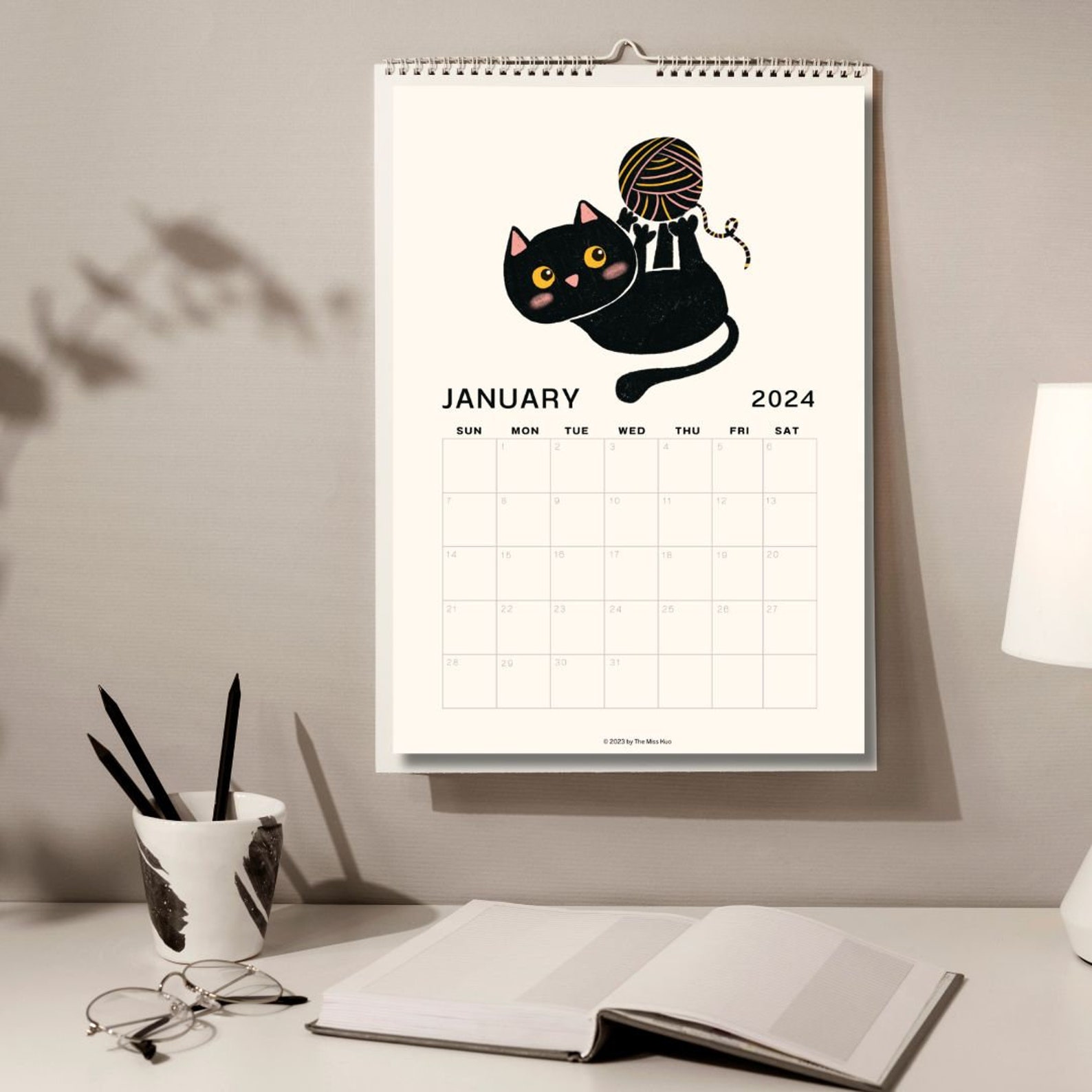 2024 Black Cat Calendar, Cat Printable Monthly Calendar, Printable