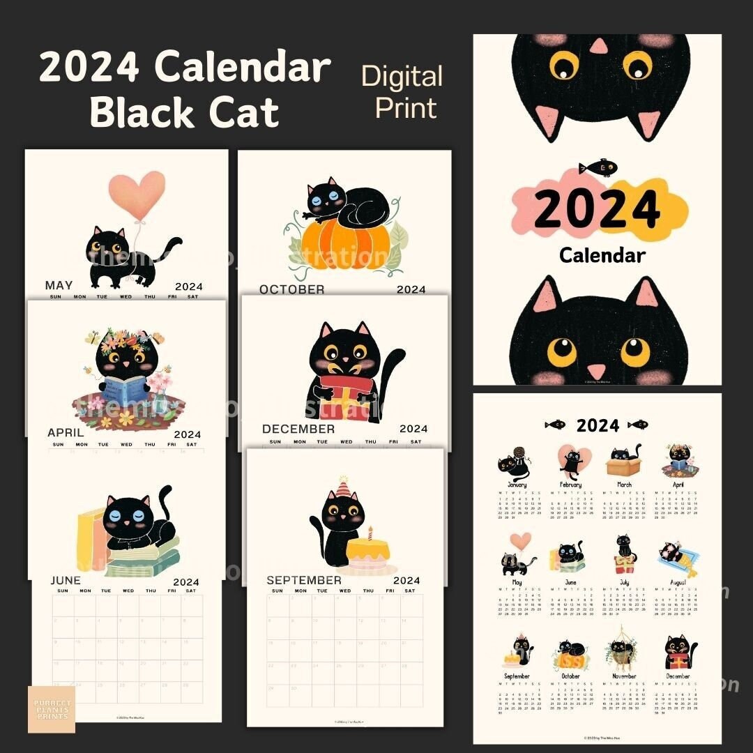 2024 Black Cat Calendar, Cat Printable Monthly Calendar, Printable