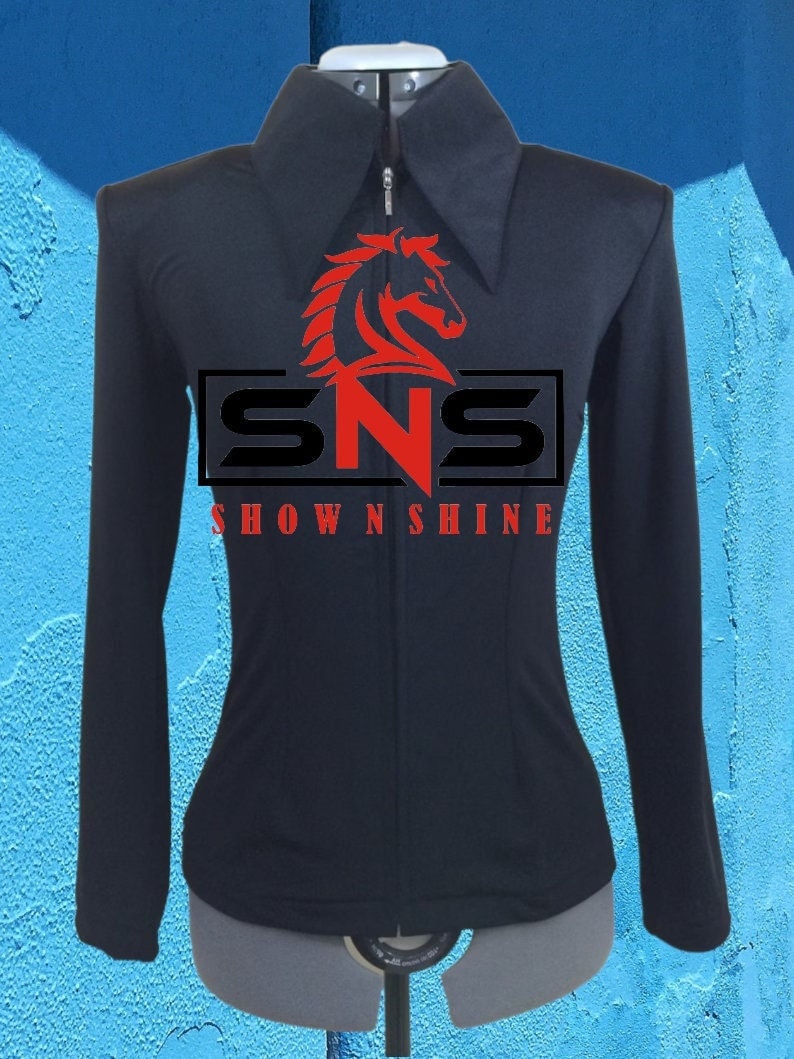 May include: Black long-sleeve shirt with a zipper closure and a red horse logo. The logo says "SNS SHOWNSHINE"