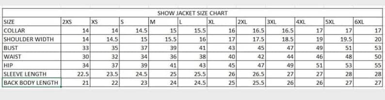 May include: A size chart for a jacket, showing measurements in inches for collar, shoulder width, bust, waist, hip, sleeve length, and back body length. Sizes range from 2XS to 6XL.