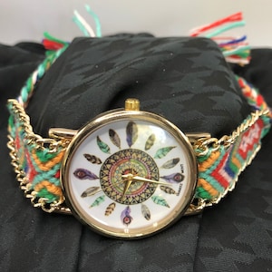Boho Mandala Dial Jute Braided Bracelet Wrist Watch.
