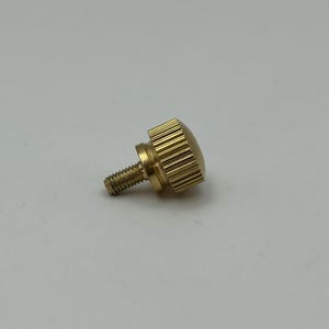 Könnte beinhalten: Nahaufnahme einer Messing-Rändelschraube. Die Schraube hat einen gerändelten Kopf und einen Gewindeschaft. Die Schraube besteht aus glänzendem, goldfarbenem Metall. Der Hintergrund ist hellgrau.