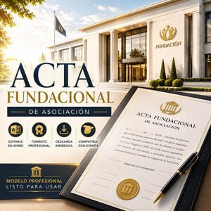 Peut inclure: Un document officiel intitulé "ACTA FUNDACIONAL DE ASOCIACIÓN" avec un sceau doré et un stylo noir. Le document est posé sur une surface noire. L'image contient également le texte "EDITABLE EN WORD", "FORMATO PROFESIONAL", "DESCARGA INMEDIATA", et "COMPATIBLE CON ESPAÑA".