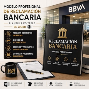 May include: A professional banking claim template in Spanish. The image shows a black book with gold lettering, a black mug, a pen, and a document. The text on the book reads "RECLAMACIÓN BANCARIA". The mug has the logo "KM DIGITAL STUDIO".
