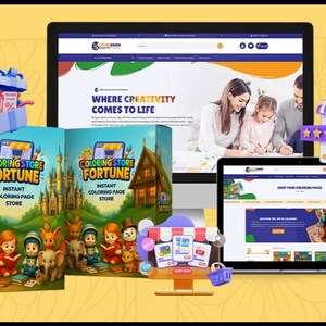 以下が含まれることがあります： 「Coloring Store Fortune」のウェブサイトと製品ボックスを示す画像。ボックスには漫画のキャラクターと「Instant Coloring Page Store」のテキストが表示されています。コンピューター画面には、「Where Creativity Comes to Life」というスローガンが表示されたウェブサイトが表示されています。