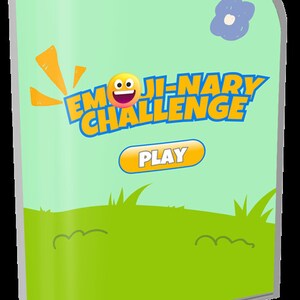 Puede incluir: Un icono de aplicación de juego verde y amarillo con un emoji sonriente y el texto "Emoji-Nary Challenge" y un botón amarillo que dice "Play".