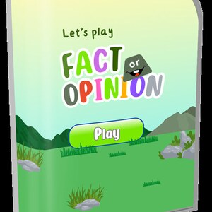 Könnte beinhalten: Ein grünes, gelbes und blaues Spiel-App-Symbol mit dem Text "Let's play FACT or OPINION" und einem grünen Button mit der Aufschrift "Play".