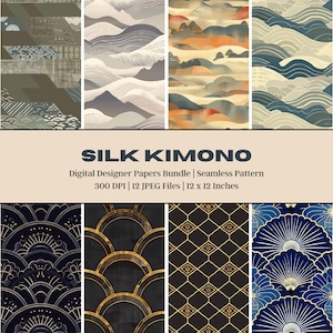 Könnte beinhalten: Ein Set mit 12 digitalen Papierdesigns mit japanisch inspirierten Mustern. Die Muster umfassen Wellen, Berge, Wolken und geometrische Designs in Gold, Blau und Schwarz.