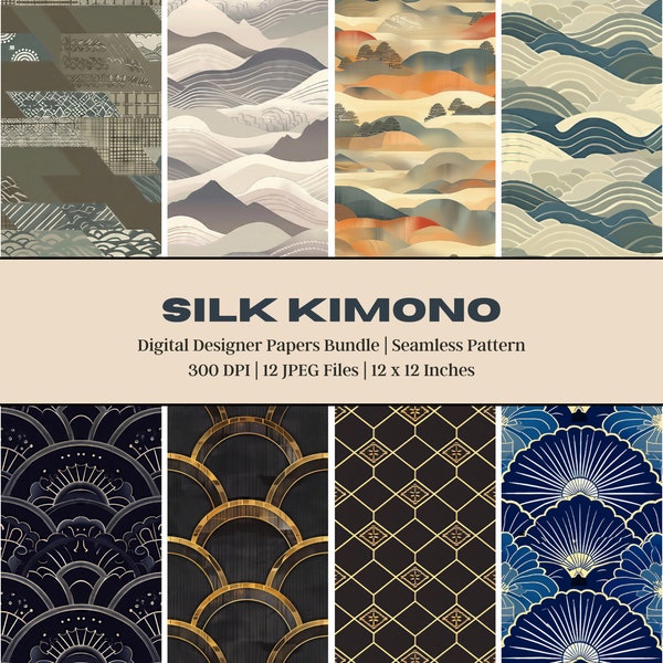 12 Men Silk Kimono Digital Paper, Japanese Kimono, Slik Texture, Wave Mountain Pattern, Fabric Printing, Kimono Robe, Vintage Japanese