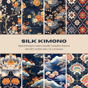12 kimonos en soie papier numérique, kimono bleu marine, kimono en soie japonais, kimono floral, conception transparente, texture lisse, impression sur tissu