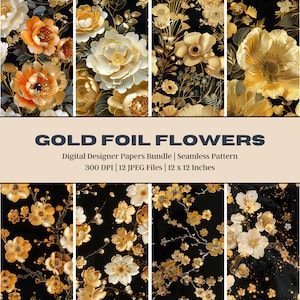 12 Goldfolien-Blumen-Digital-Papier, Kirschblüte, Gold-Sammelalbum, Hochzeitsdeko, Kimono-Robe, Goldblumen, japanische Sakura-Blüte