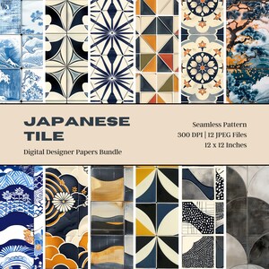 Puede incluir: Un paquete de papeles de diseño digital con diseños de azulejos japoneses. La imagen muestra varios patrones sin costuras con intrincados motivos geométricos y florales en tonos de azul, blanco, naranja y negro. El texto dice "JAPANESE TILE" y "12 x 12 pulgadas (30,48 cm)".