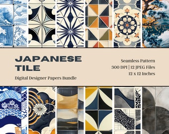 May include: A digital designer papers bundle featuring Japanese tile designs. The image showcases various seamless patterns with intricate geometric and floral motifs in shades of blue, white, orange, and black. The text reads "JAPANESE TILE" and "12 x 12 Inches".