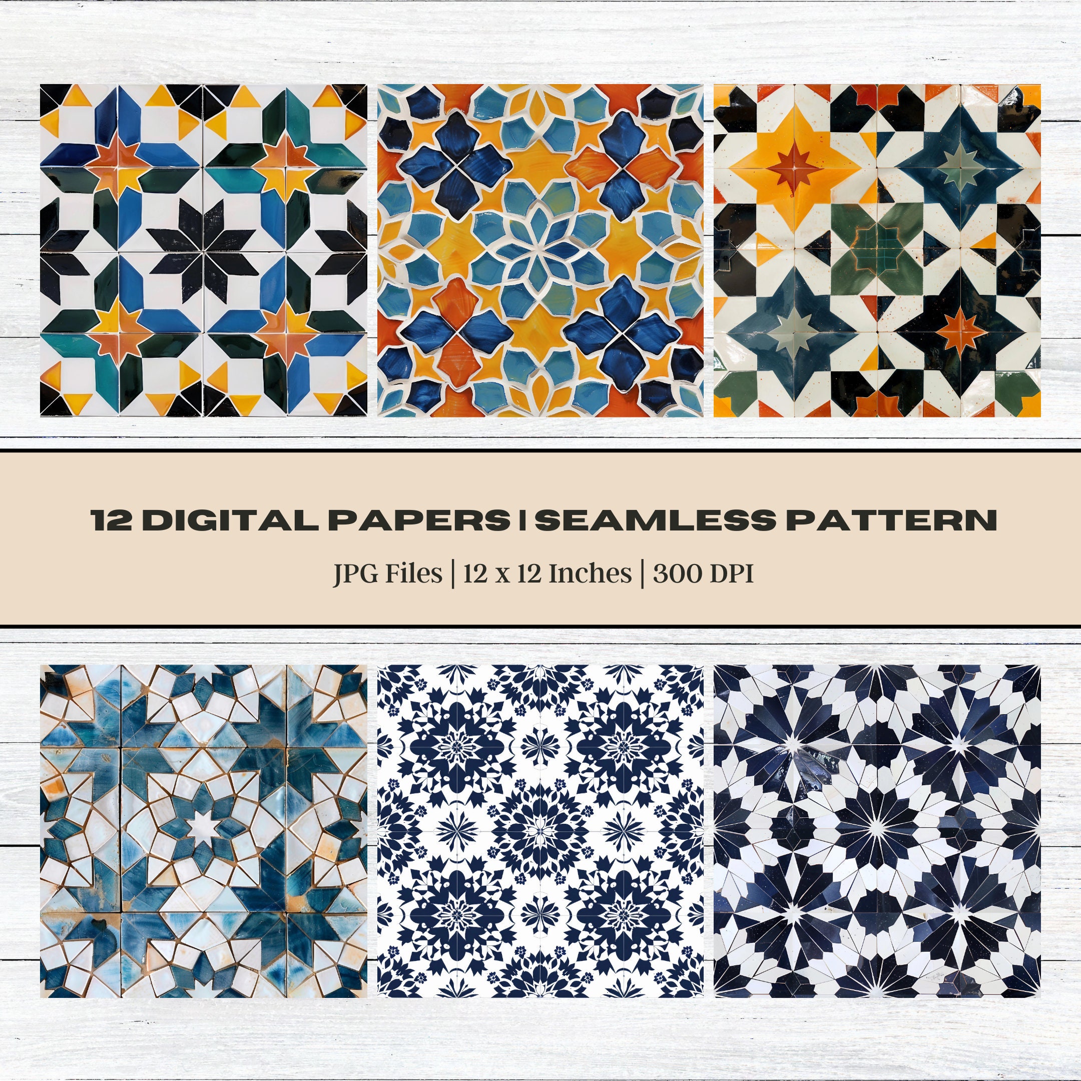 Moroccan Tile Digital Paper, Seamless Mosaic Patterns (digital Download ...