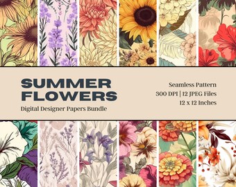 Summer Flowers Digital Paper, Floral Seamless Patterns (Digital Download)