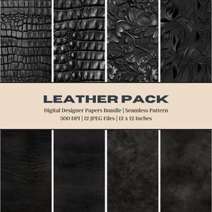 May include: A set of 12 digital seamless patterns featuring black leather textures. The patterns include crocodile, floral, and geometric designs. The patterns are 300 DPI and 12 x 12 inches.