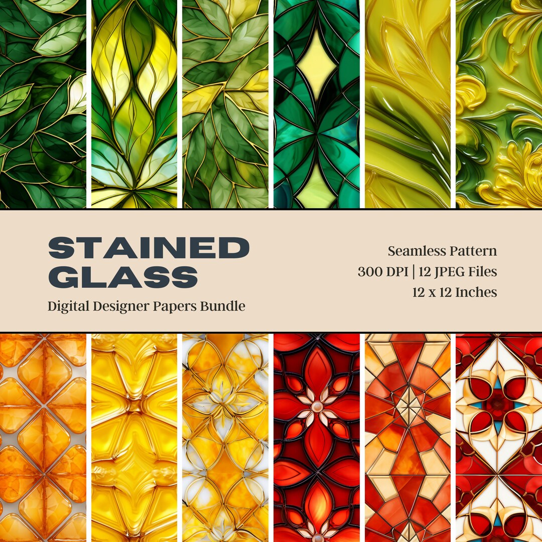 12 Stained Glass Digital Paper, Stained Glass Patterns, Stained Glass Panel, Stained Glass