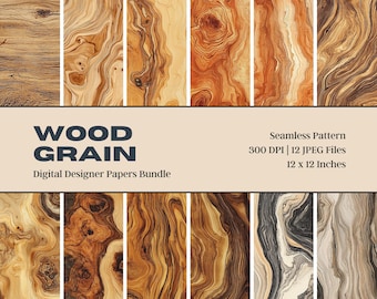 May include: A digital paper bundle featuring 12 seamless wood grain patterns. The patterns are in various shades of brown, beige, and black. Each pattern is 300 DPI and 12 inches by 12 inches.
