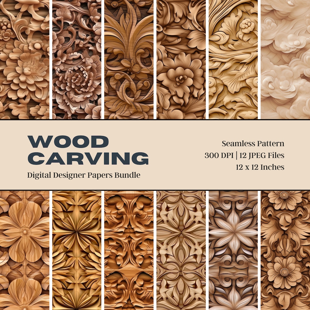 12 Wood Carving Digital Paper, Seamless Design, Wood Textures, Western ...